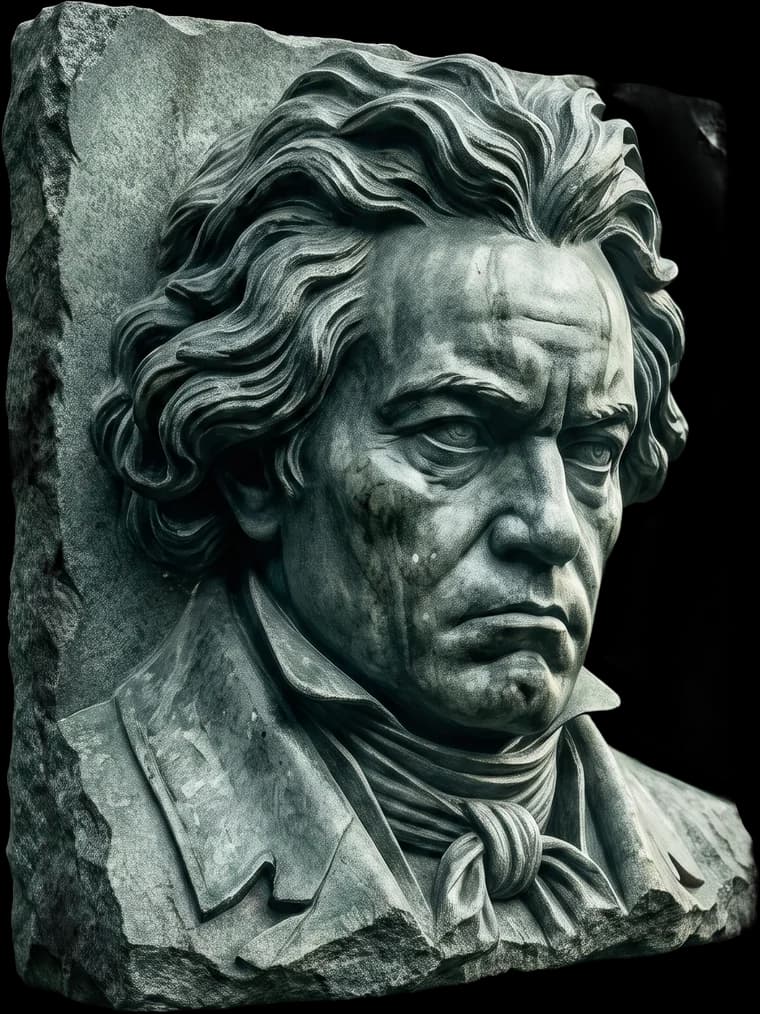 Baixo-relevo de Beethoven esculpido na pedra