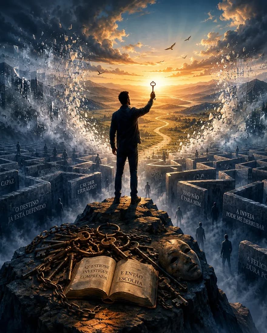 No alto de um rochedo, um homem ergue uma chave contra o pôr do sol. Abaixo, um labirinto de muros com crenças limitantes gravadas na pedra, e um livro aberto que diz «questione, investigue, compreenda, e então escolha».