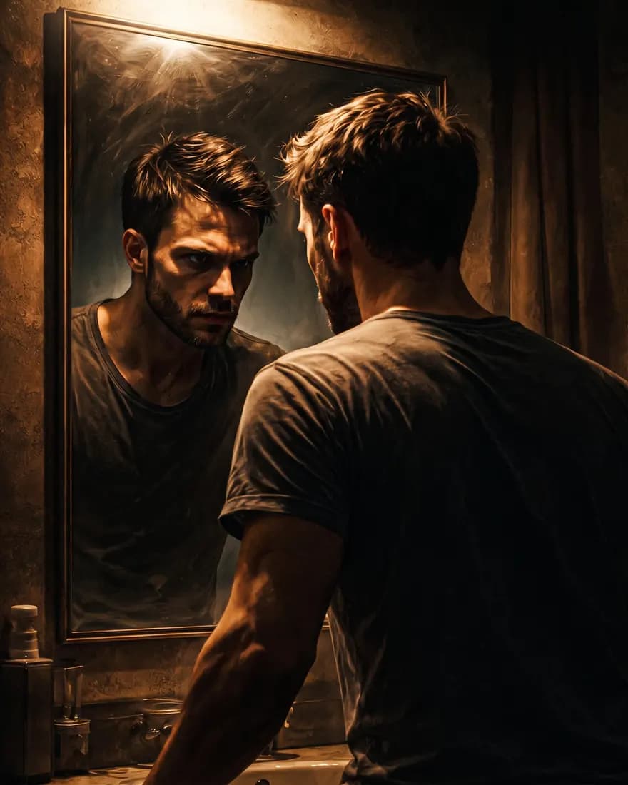 Um homem de costas encara o próprio reflexo, que o observa de volta