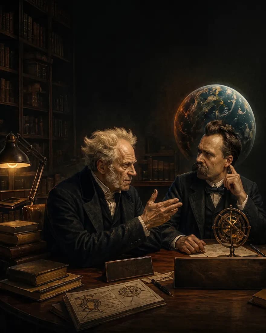 Dois pensadores em discussão à mesa de um gabinete, entre livros e um globo