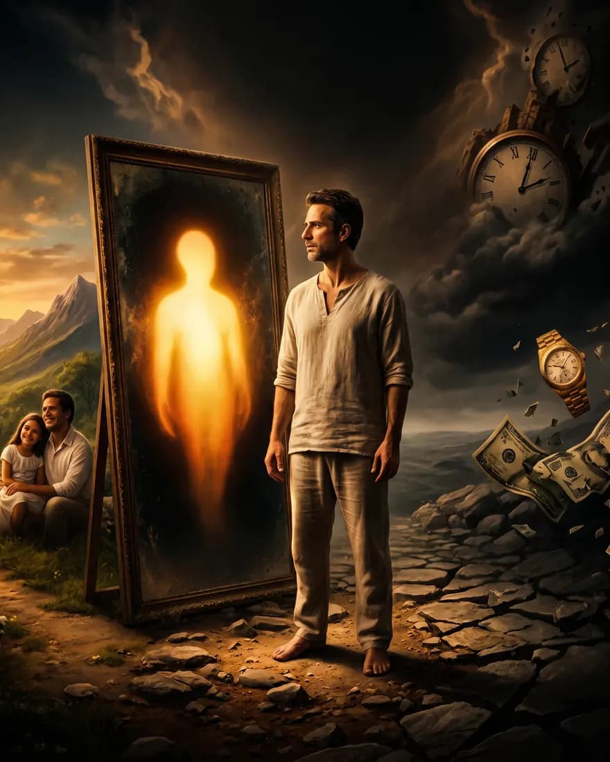 Um homem diante de um espelho alto onde arde uma figura de luz