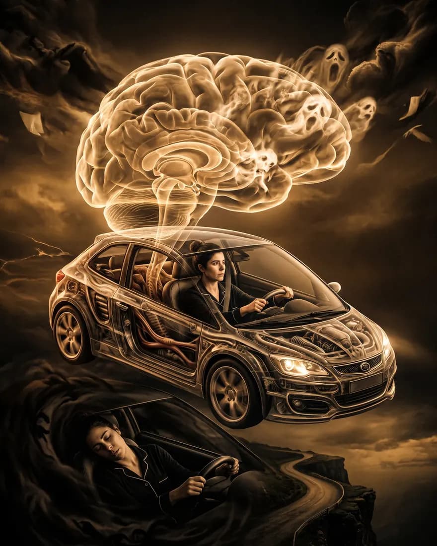 Um cérebro luminoso sobre um carro em corte, com figuras em cada plano
