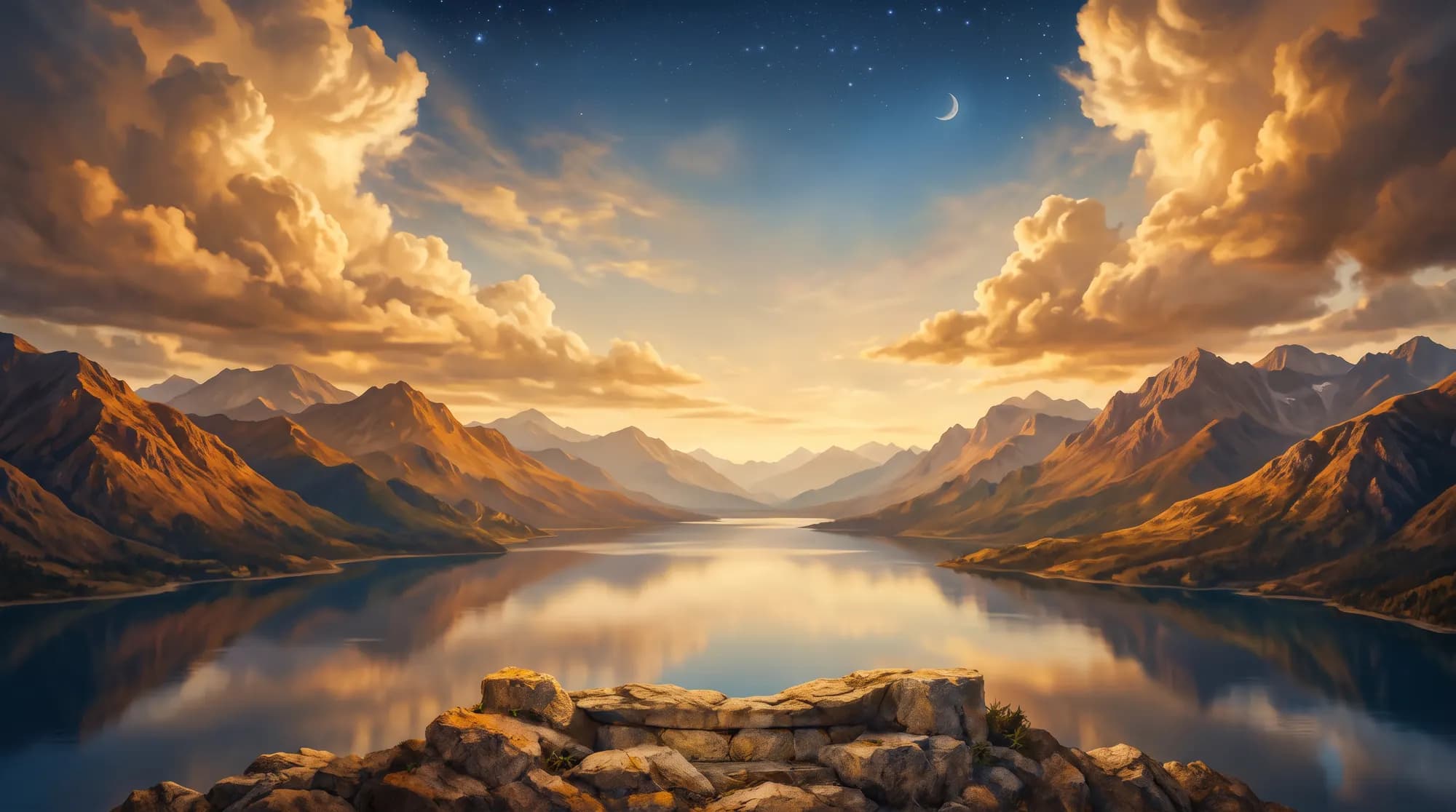 Céu dourado ao entardecer sobre montanhas e um lago, a paisagem do Ato I.