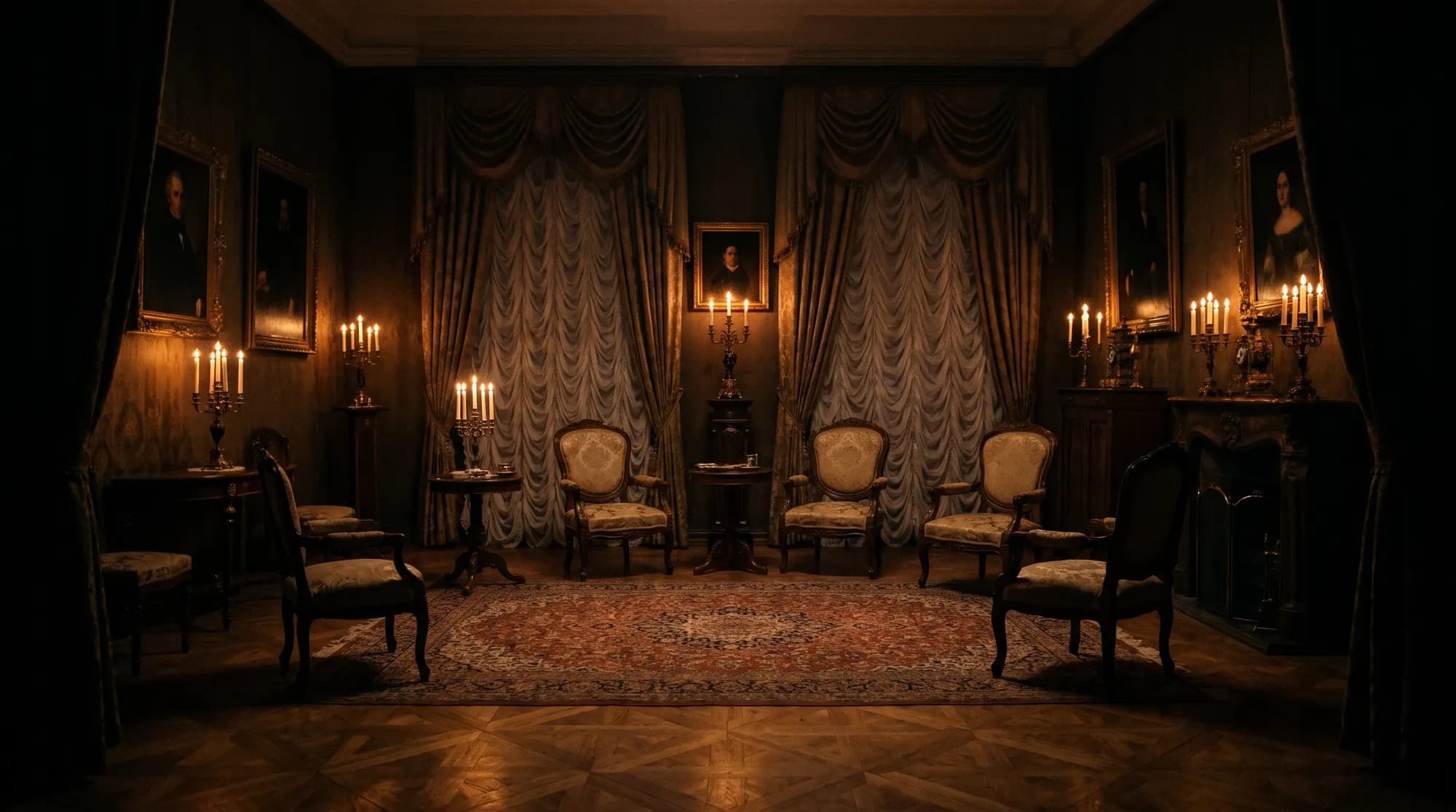 Salão à luz de velas, em penumbra âmbar, o cenário do Ato III.
