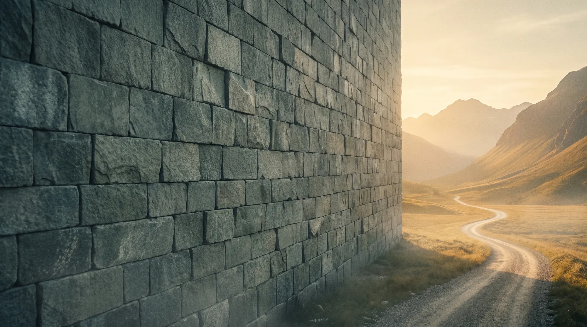 Um muro de pedra com crenças limitantes gravadas e um baixo-relevo de Beethoven. Um homem descalço atravessa o muro que se rompe; do outro lado, um vale ensolarado com uma estrada até as montanhas.