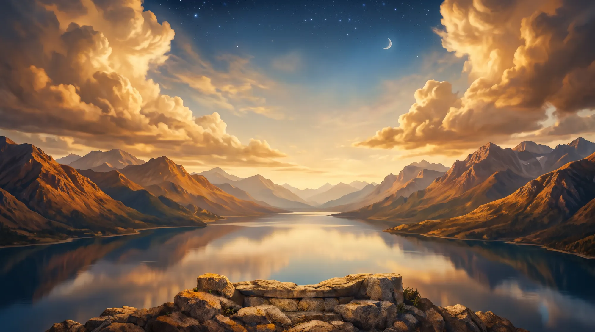 Quatro esferas de vidro sobre uma balança de pedra, sob um céu dourado ao entardecer com estrelas surgindo. Dentro de cada esfera, um mundo: família, trabalho, amor e o próprio eu.