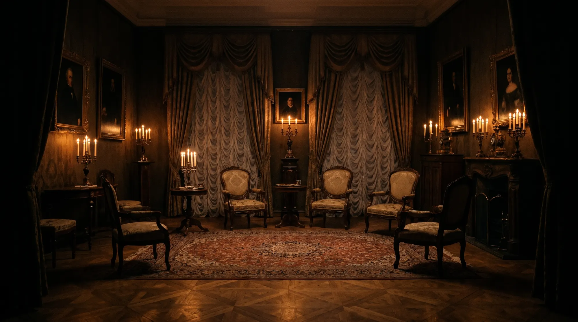 Salão aristocrático do século XIX à luz de velas. No centro do tapete, um homem de roupas simples e expressão serena, cercado por damas e cavalheiros de gala que o observam.
