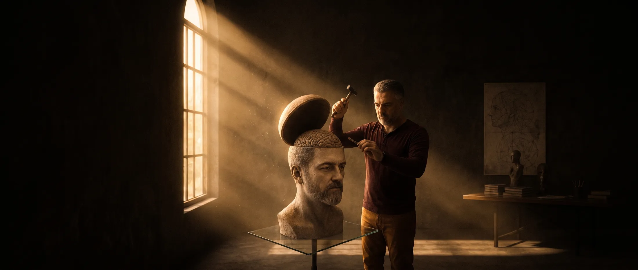 Ateliê em penumbra atravessado por raios de luz. Um escultor trabalha com martelo e cinzel sobre um busto de si mesmo, cujo crânio aberto revela o cérebro.